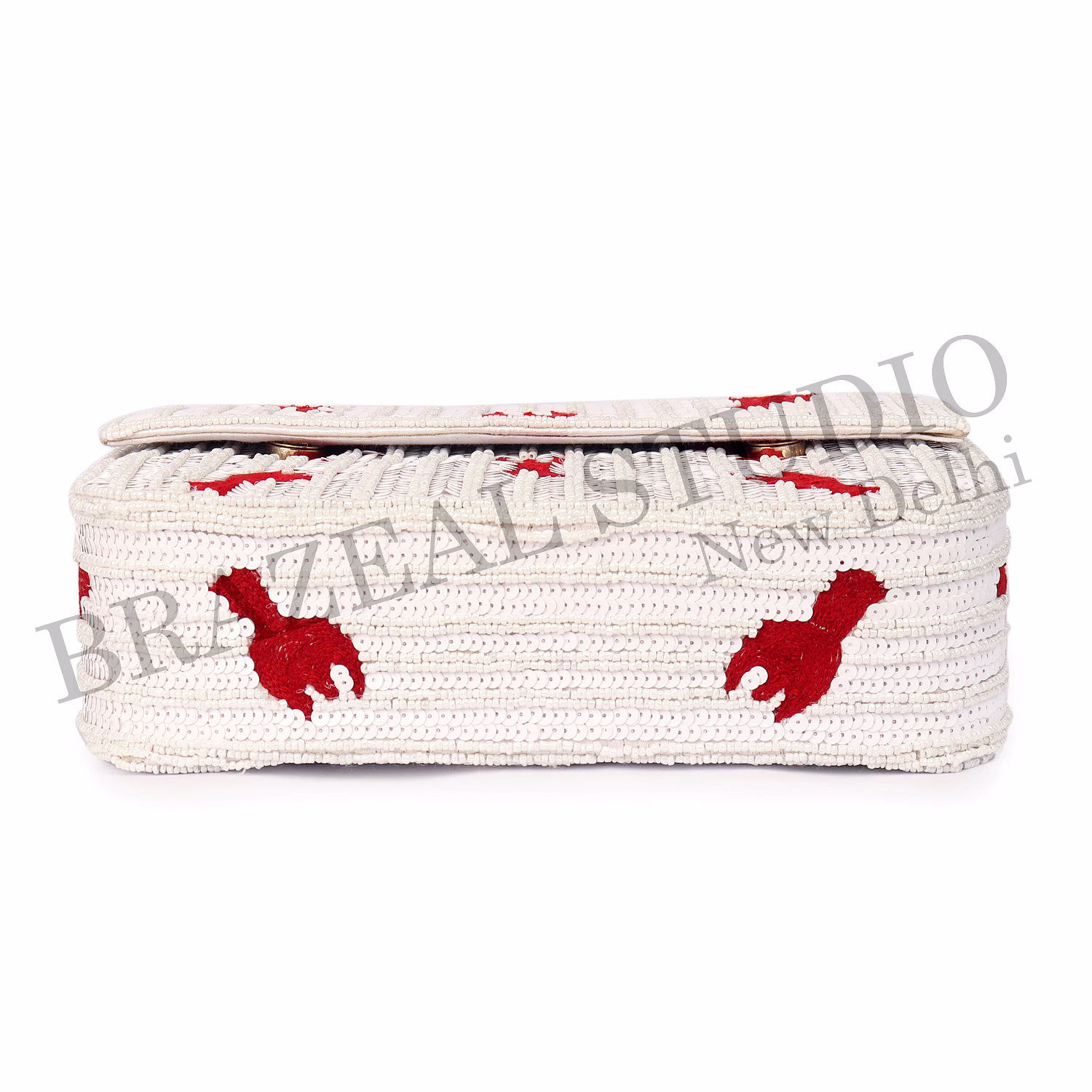 Brazeal Studio, Bag, Hand-beaded Lobster Motif, White Base With Red Lobster Embroidery, Shoulder Bag With Flap Closure, Fabric Base With Sequin And Bead Embellishment, Front Flap image 12