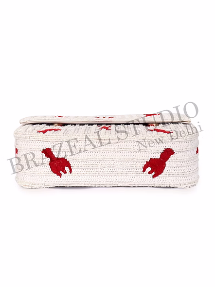 Brazeal Studio, Bag, Hand-beaded Lobster Motif, White Base With Red Lobster Embroidery, Shoulder Bag With Flap Closure, Fabric Base With Sequin And Bead Embellishment, Front Flap-11