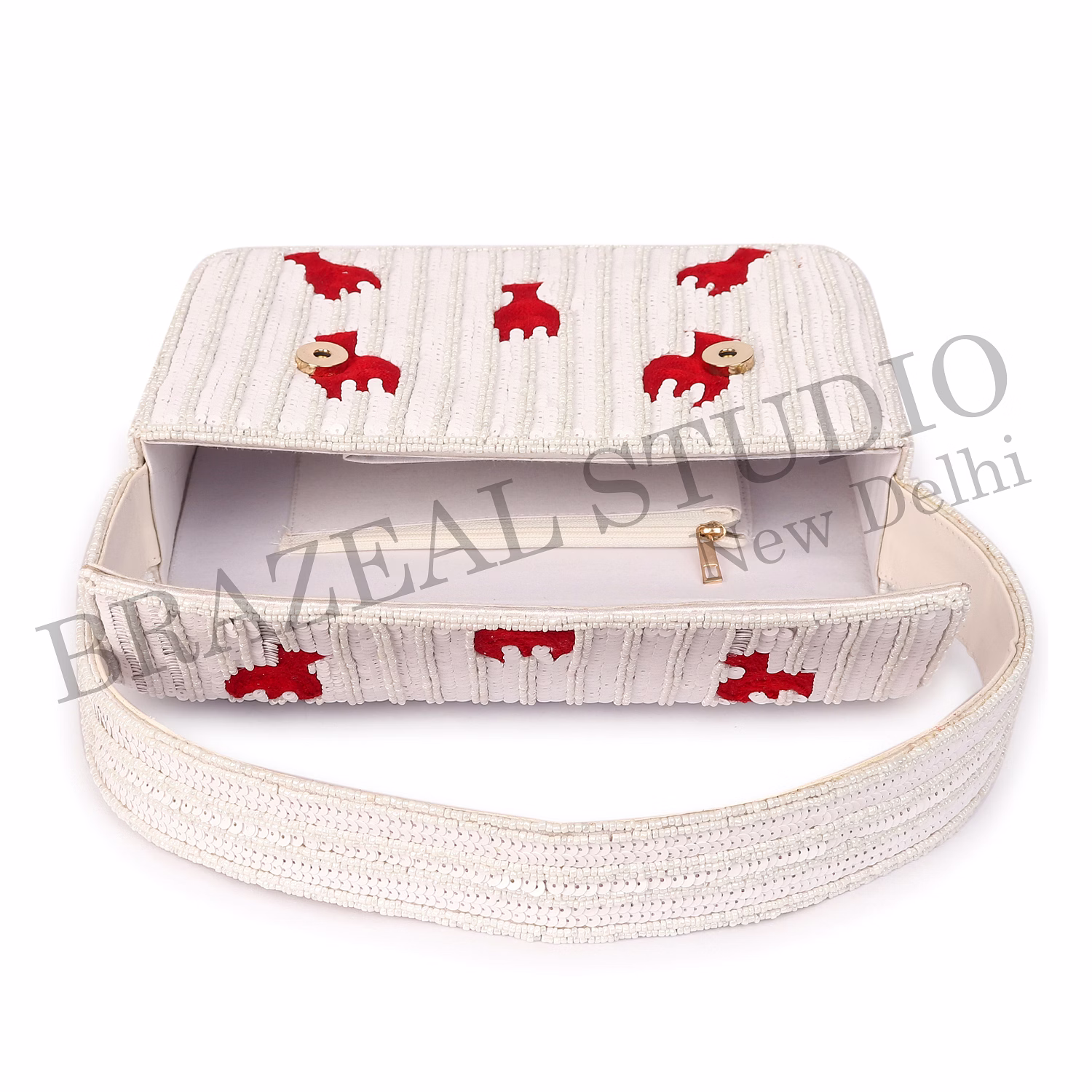 Brazeal Studio, Bag, Hand-beaded Lobster Motif, White Base With Red Lobster Embroidery, Shoulder Bag With Flap Closure, Fabric Base With Sequin And Bead Embellishment, Front Flap image 13