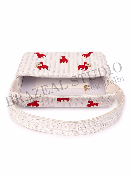 Brazeal Studio, Bag, Hand-beaded Lobster Motif, White Base With Red Lobster Embroidery, Shoulder Bag With Flap Closure, Fabric Base With Sequin And Bead Embellishment, Front Flap-12