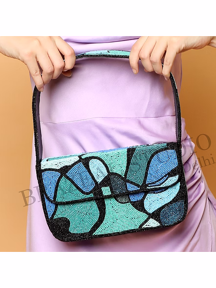 Brazeal Studio, Bag, Abstract Geometric / Mosaic Pattern, Shoulder Bag, Fabric Base With Hand-applied Beads, Front Flap-2