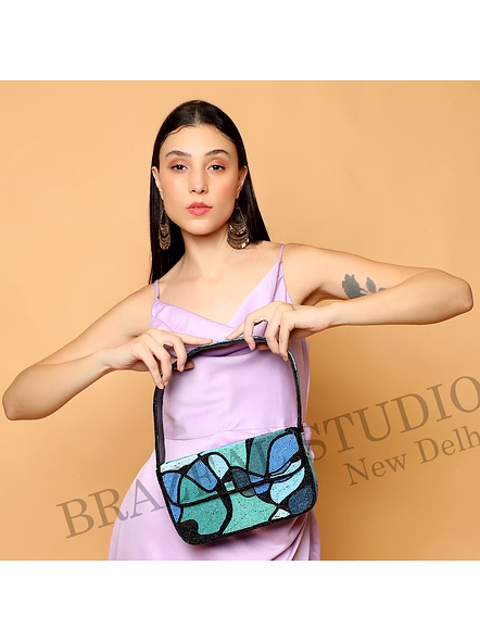 Brazeal Studio, Bag, Abstract Geometric / Mosaic Pattern, Shoulder Bag, Fabric Base With Hand-applied Beads, Front Flap-3