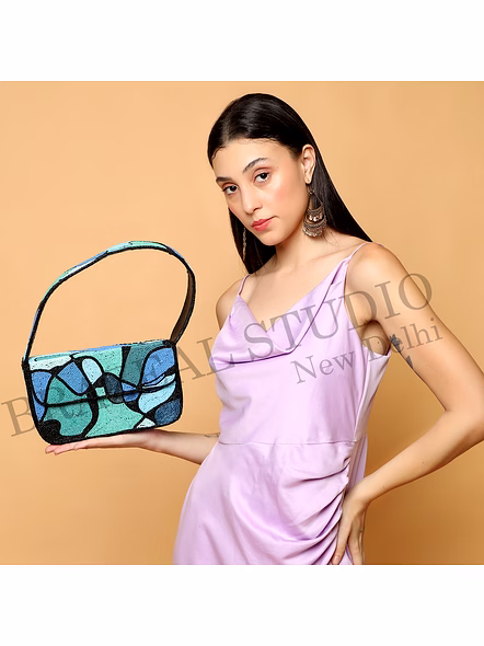 Brazeal Studio, Bag, Abstract Geometric / Mosaic Pattern, Shoulder Bag, Fabric Base With Hand-applied Beads, Front Flap-4