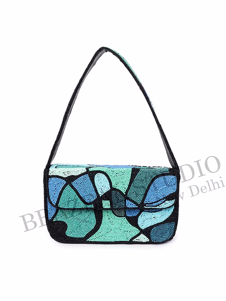 Brazeal Studio, Bag, Abstract Geometric / Mosaic Pattern, Shoulder Bag, Fabric Base With Hand-applied Beads, Front Flap-6