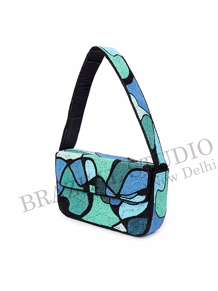 Brazeal Studio, Bag, Abstract Geometric / Mosaic Pattern, Shoulder Bag, Fabric Base With Hand-applied Beads, Front Flap-10