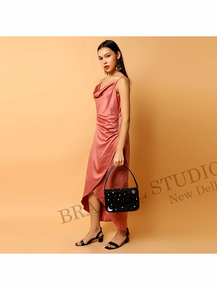 Brazeal Studio, Bag, Celestial (moon, Stars, Constellation), Black With White Bead Accents, Shoulder / Evening Bag, Fabric Base With Hand-applied Beads, Front Flap