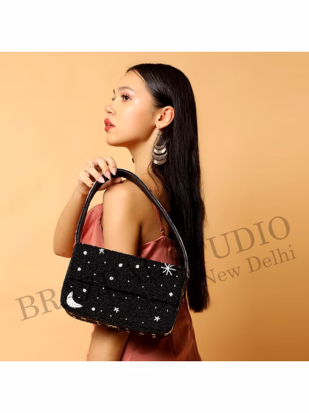 Brazeal Studio, Bag, Celestial (moon, Stars, Constellation), Black With White Bead Accents, Shoulder / Evening Bag, Fabric Base With Hand-applied Beads, Front Flap-2