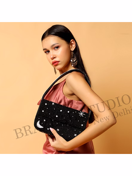 Brazeal Studio, Bag, Celestial (moon, Stars, Constellation), Black With White Bead Accents, Shoulder / Evening Bag, Fabric Base With Hand-applied Beads, Front Flap-3
