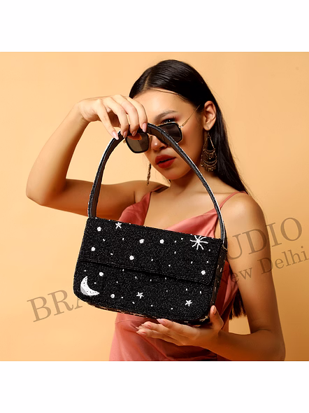 Brazeal Studio, Bag, Celestial (moon, Stars, Constellation), Black With White Bead Accents, Shoulder / Evening Bag, Fabric Base With Hand-applied Beads, Front Flap-4