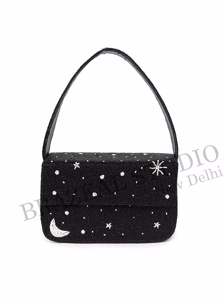 Brazeal Studio, Bag, Celestial (moon, Stars, Constellation), Black With White Bead Accents, Shoulder / Evening Bag, Fabric Base With Hand-applied Beads, Front Flap-6