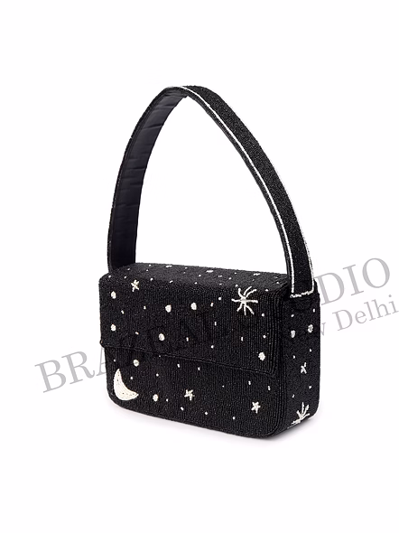 Brazeal Studio, Bag, Celestial (moon, Stars, Constellation), Black With White Bead Accents, Shoulder / Evening Bag, Fabric Base With Hand-applied Beads, Front Flap-10