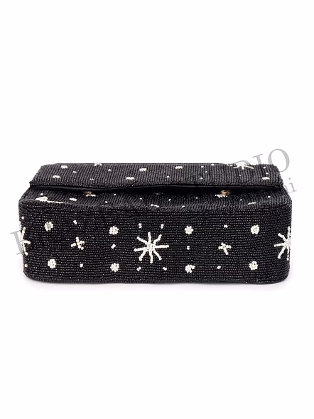 Brazeal Studio, Bag, Celestial (moon, Stars, Constellation), Black With White Bead Accents, Shoulder / Evening Bag, Fabric Base With Hand-applied Beads, Front Flap-11