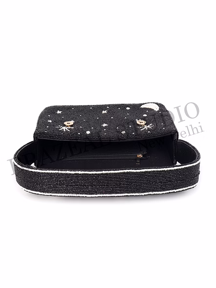 Brazeal Studio, Bag, Celestial (moon, Stars, Constellation), Black With White Bead Accents, Shoulder / Evening Bag, Fabric Base With Hand-applied Beads, Front Flap-12