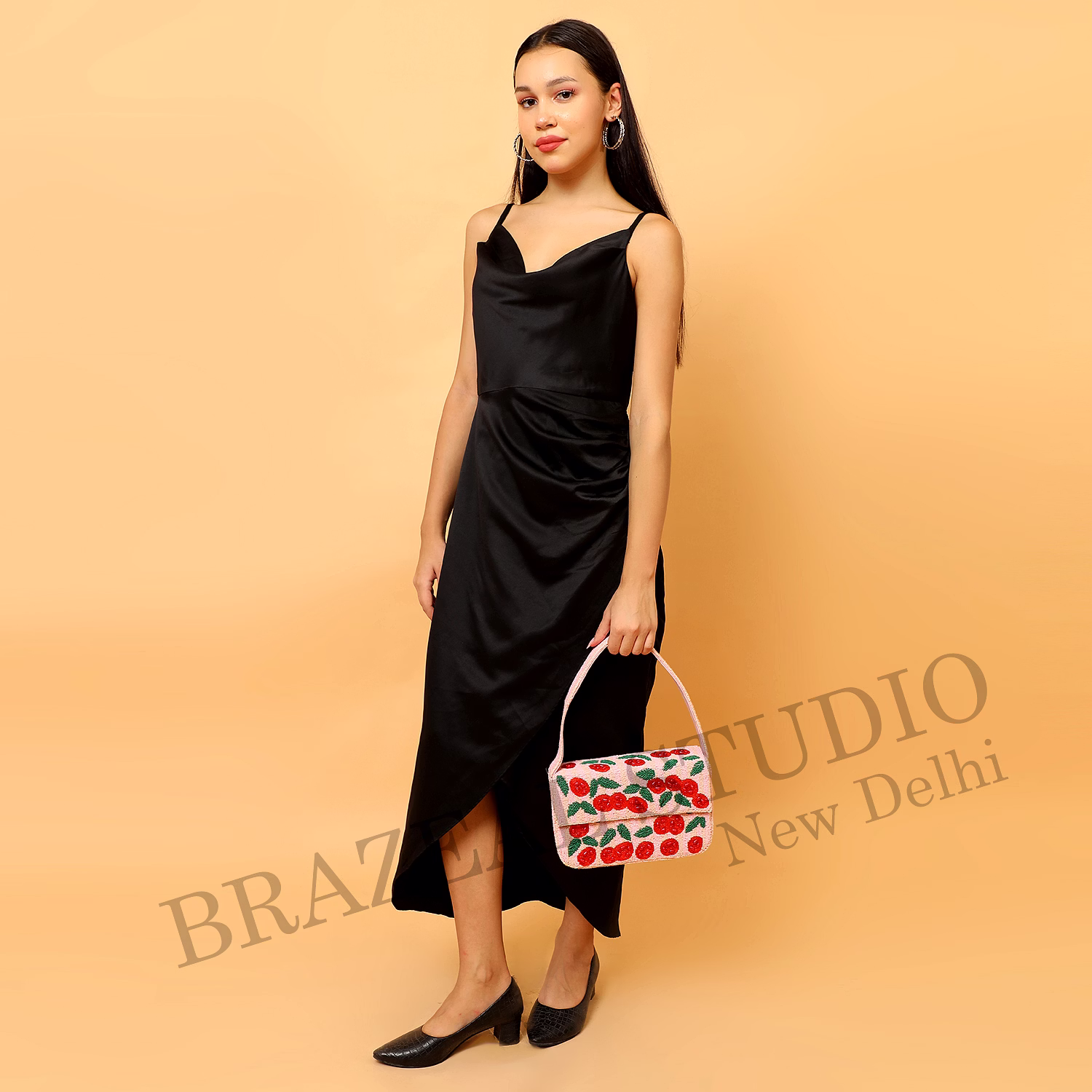 brazeal studio, bag, cherry / floral motif, soft pink with red and green beadwork, shoulder / day-to-evening bag, fabric base with hand-applied beads, front flap