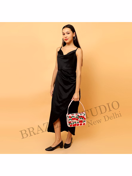 Brazeal Studio, Bag, Cherry / Floral Motif, Soft Pink With Red And Green Beadwork, Shoulder / Day-to-evening Bag, Fabric Base With Hand-applied Beads, Front Flap