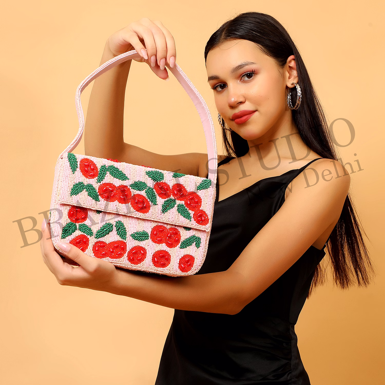 Brazeal Studio, Bag, Cherry / Floral Motif, Soft Pink With Red And Green Beadwork, Shoulder / Day-to-evening Bag, Fabric Base With Hand-applied Beads, Front Flap image 2