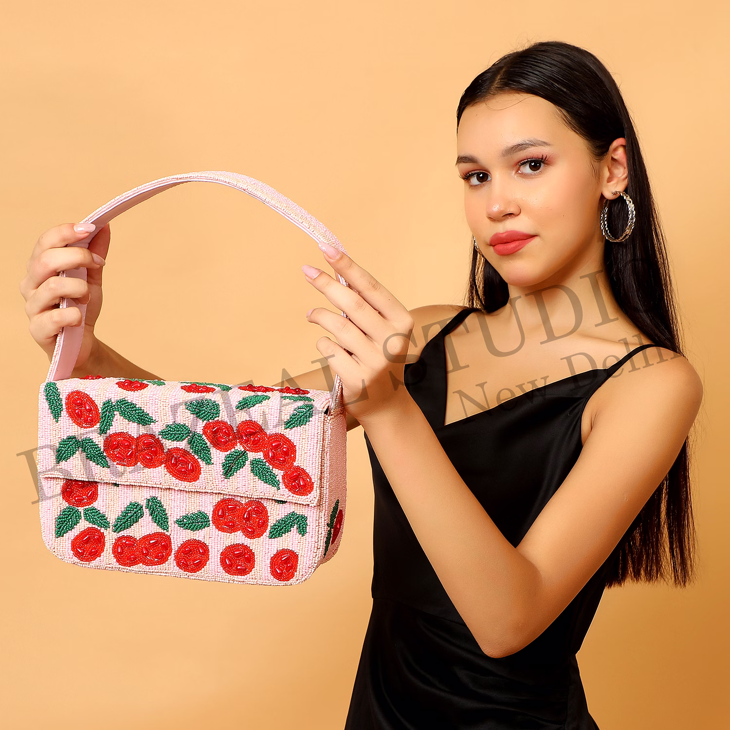 Brazeal Studio, Bag, Cherry / Floral Motif, Soft Pink With Red And Green Beadwork, Shoulder / Day-to-evening Bag, Fabric Base With Hand-applied Beads, Front Flap image 3