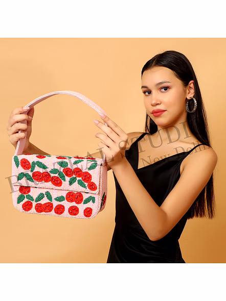 Brazeal Studio, Bag, Cherry / Floral Motif, Soft Pink With Red And Green Beadwork, Shoulder / Day-to-evening Bag, Fabric Base With Hand-applied Beads, Front Flap-2