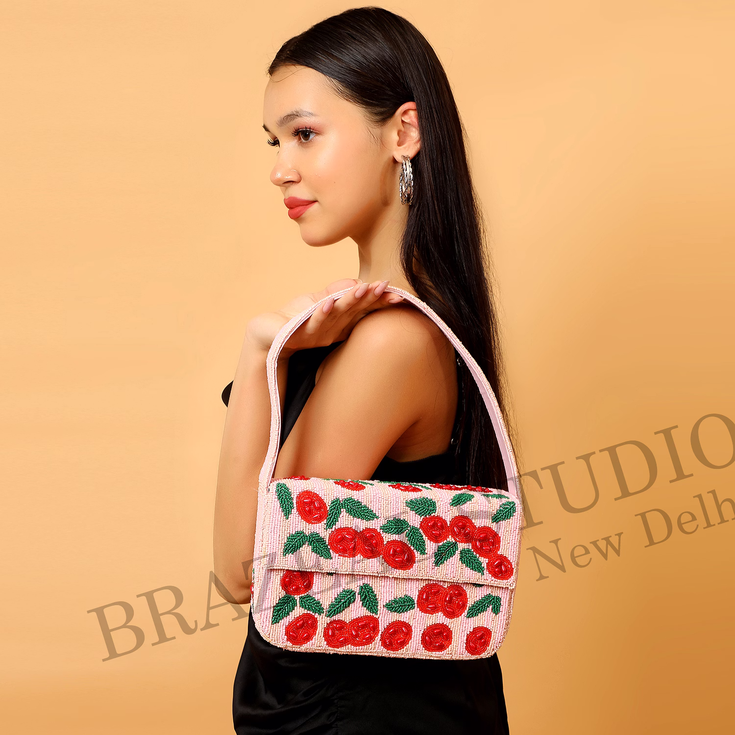 Brazeal Studio, Bag, Cherry / Floral Motif, Soft Pink With Red And Green Beadwork, Shoulder / Day-to-evening Bag, Fabric Base With Hand-applied Beads, Front Flap image 4