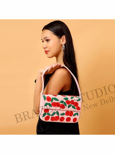 Brazeal Studio, Bag, Cherry / Floral Motif, Soft Pink With Red And Green Beadwork, Shoulder / Day-to-evening Bag, Fabric Base With Hand-applied Beads, Front Flap-3