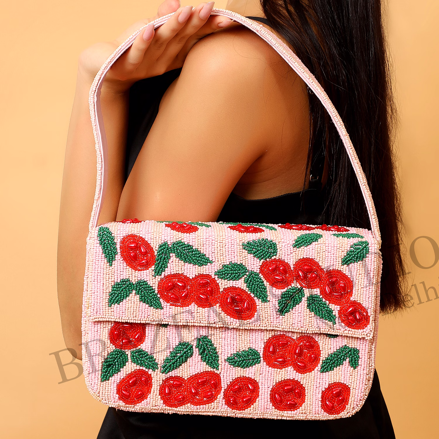 Brazeal Studio, Bag, Cherry / Floral Motif, Soft Pink With Red And Green Beadwork, Shoulder / Day-to-evening Bag, Fabric Base With Hand-applied Beads, Front Flap image 5