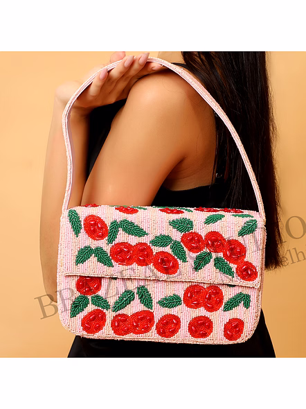 Brazeal Studio, Bag, Cherry / Floral Motif, Soft Pink With Red And Green Beadwork, Shoulder / Day-to-evening Bag, Fabric Base With Hand-applied Beads, Front Flap-4