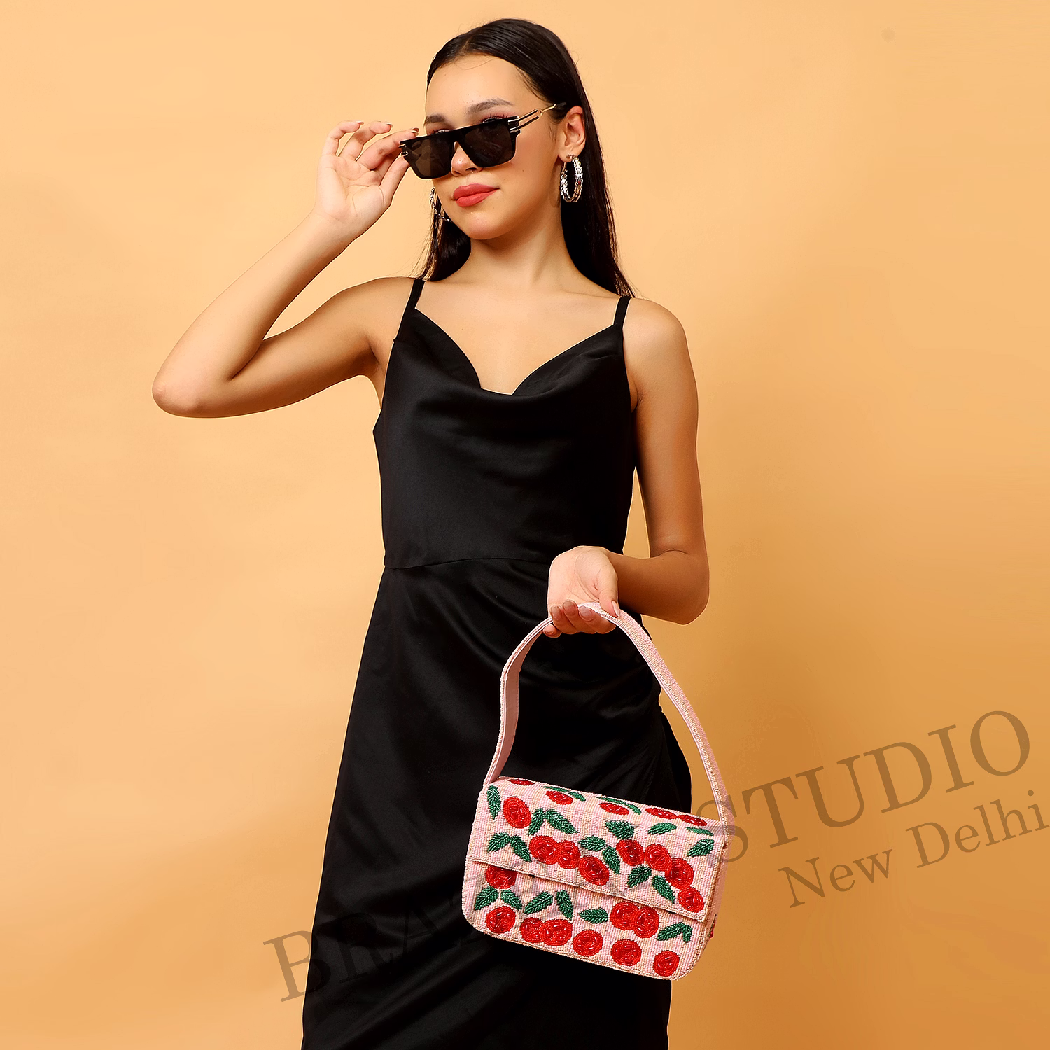 Brazeal Studio, Bag, Cherry / Floral Motif, Soft Pink With Red And Green Beadwork, Shoulder / Day-to-evening Bag, Fabric Base With Hand-applied Beads, Front Flap image 6
