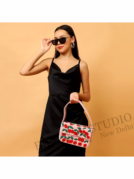 Brazeal Studio, Bag, Cherry / Floral Motif, Soft Pink With Red And Green Beadwork, Shoulder / Day-to-evening Bag, Fabric Base With Hand-applied Beads, Front Flap-5