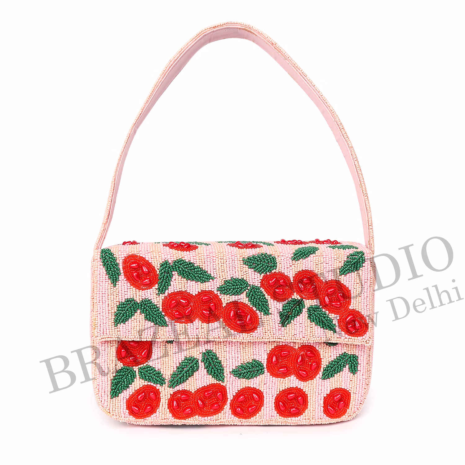 Brazeal Studio, Bag, Cherry / Floral Motif, Soft Pink With Red And Green Beadwork, Shoulder / Day-to-evening Bag, Fabric Base With Hand-applied Beads, Front Flap image 7