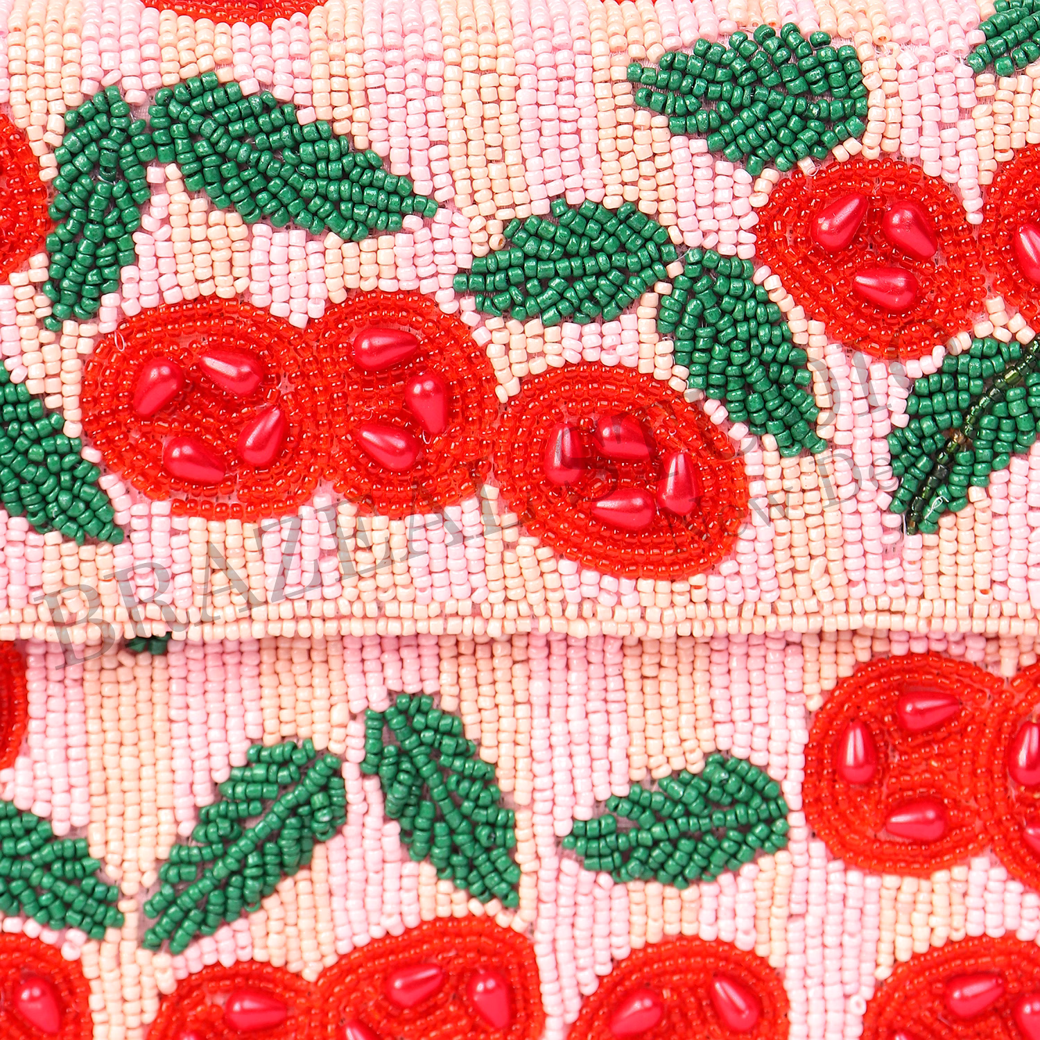 Brazeal Studio, Bag, Cherry / Floral Motif, Soft Pink With Red And Green Beadwork, Shoulder / Day-to-evening Bag, Fabric Base With Hand-applied Beads, Front Flap image 8