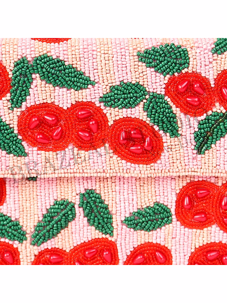 Brazeal Studio, Bag, Cherry / Floral Motif, Soft Pink With Red And Green Beadwork, Shoulder / Day-to-evening Bag, Fabric Base With Hand-applied Beads, Front Flap-7