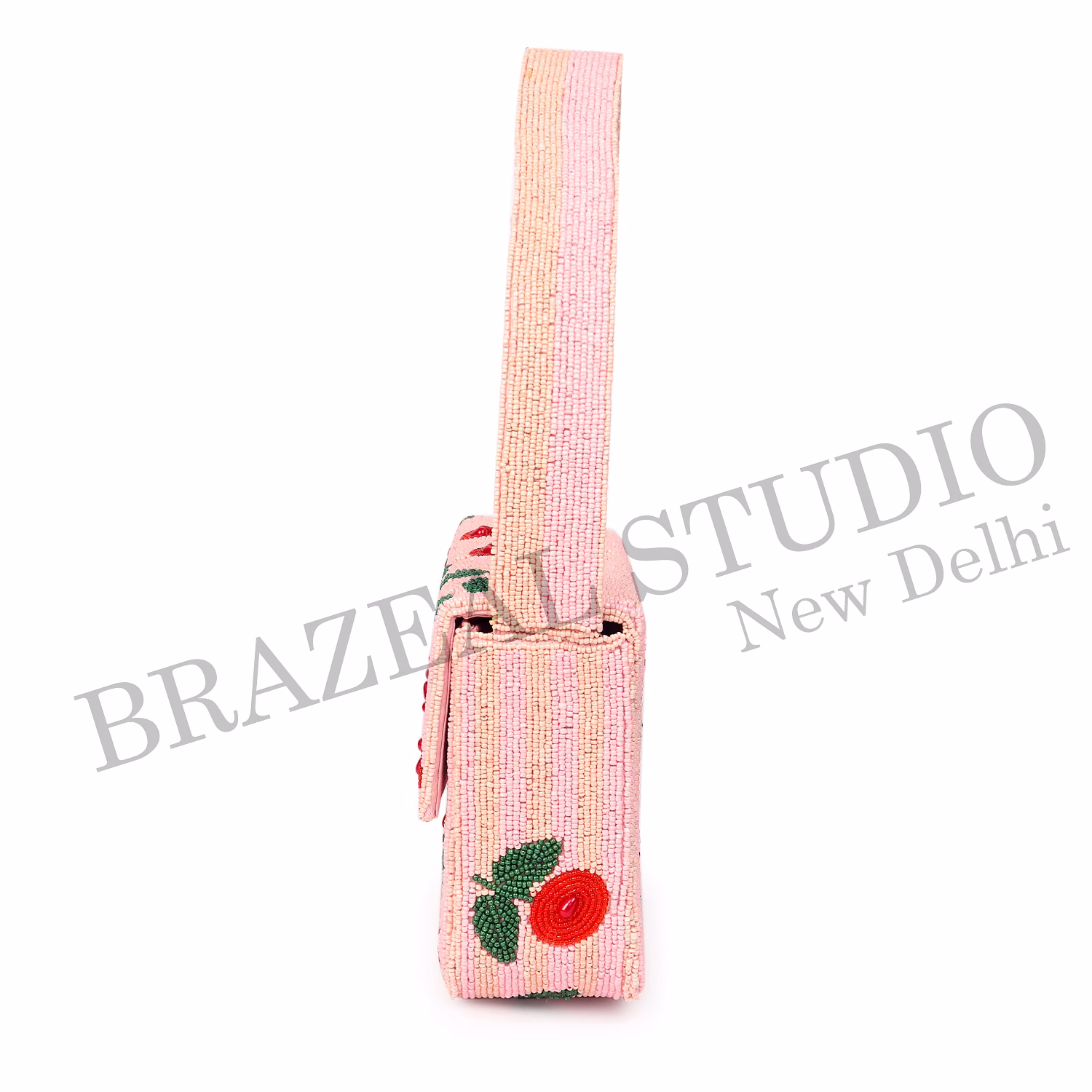 Brazeal Studio, Bag, Cherry / Floral Motif, Soft Pink With Red And Green Beadwork, Shoulder / Day-to-evening Bag, Fabric Base With Hand-applied Beads, Front Flap image 9