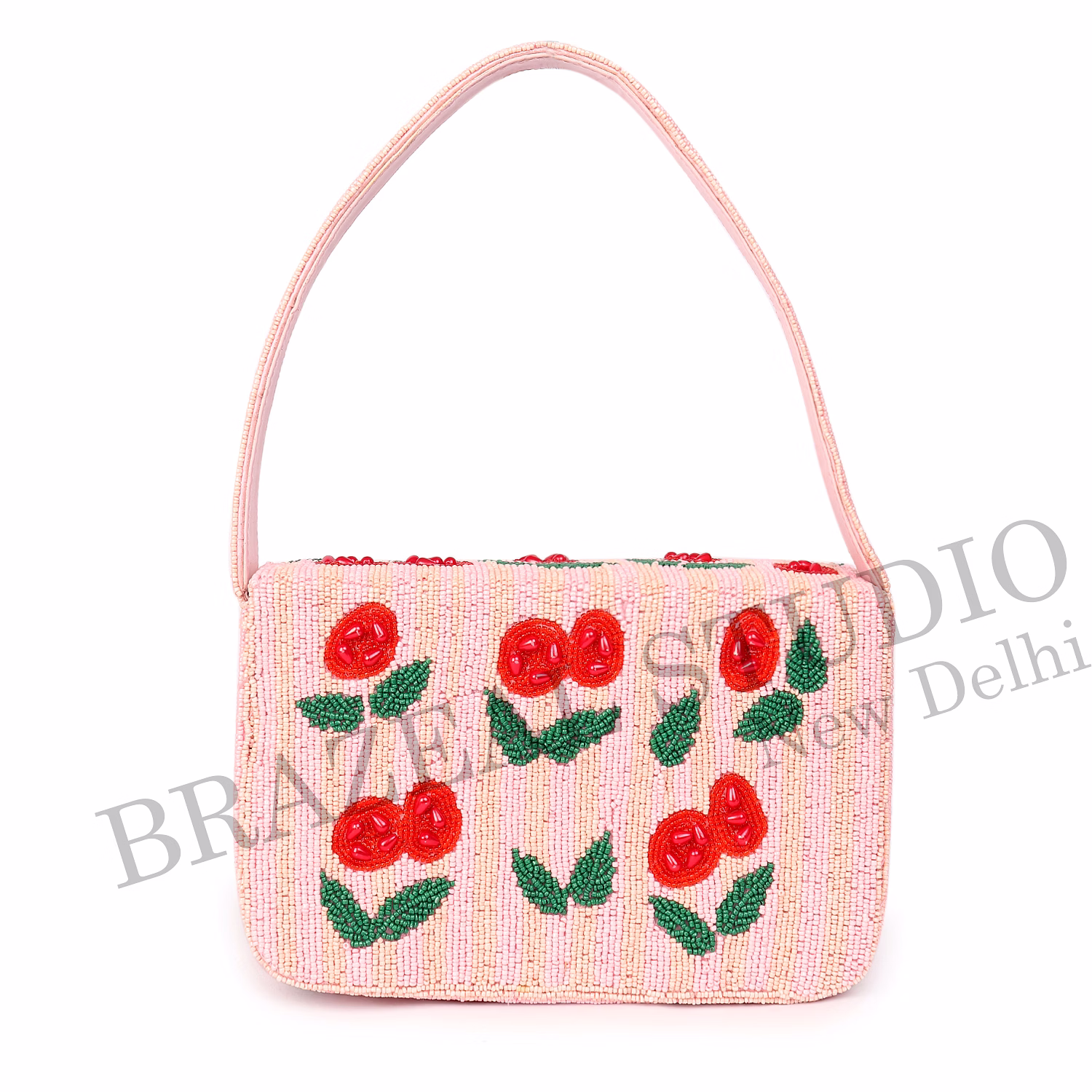 Brazeal Studio, Bag, Cherry / Floral Motif, Soft Pink With Red And Green Beadwork, Shoulder / Day-to-evening Bag, Fabric Base With Hand-applied Beads, Front Flap image 10