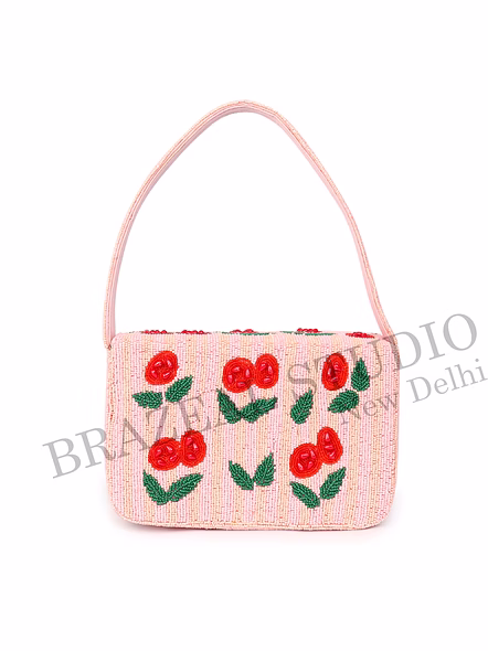 Brazeal Studio, Bag, Cherry / Floral Motif, Soft Pink With Red And Green Beadwork, Shoulder / Day-to-evening Bag, Fabric Base With Hand-applied Beads, Front Flap-9