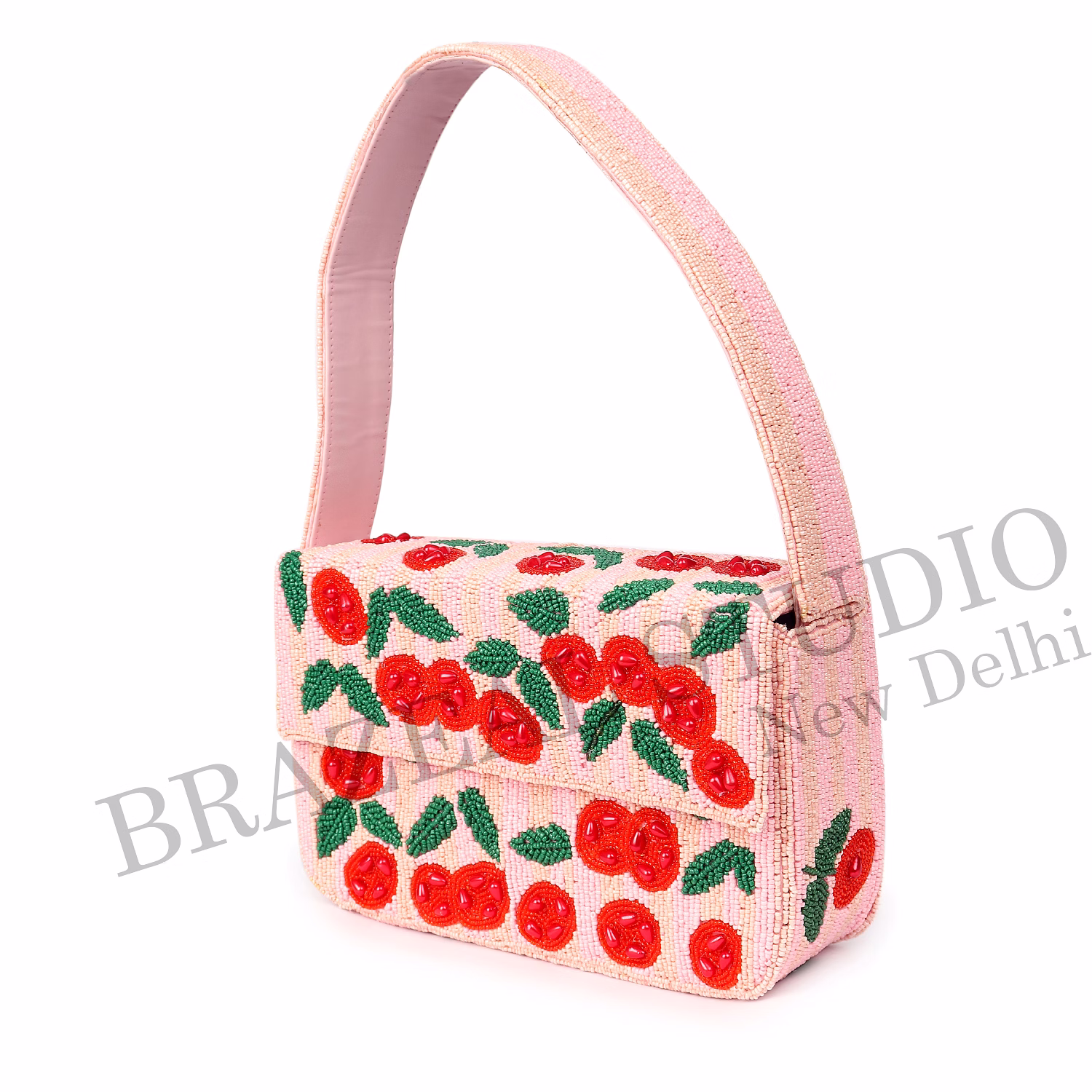 Brazeal Studio, Bag, Cherry / Floral Motif, Soft Pink With Red And Green Beadwork, Shoulder / Day-to-evening Bag, Fabric Base With Hand-applied Beads, Front Flap image 11