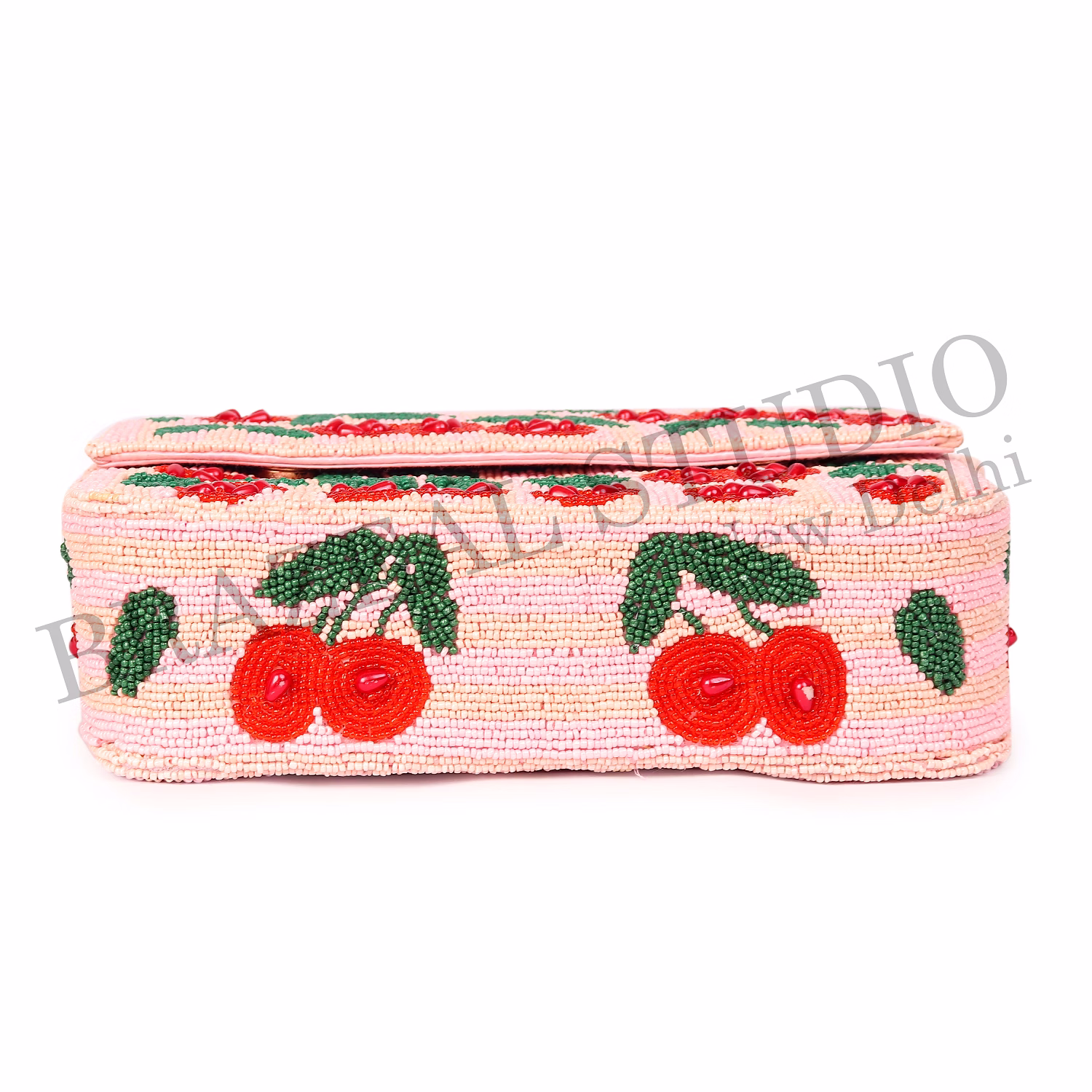 Brazeal Studio, Bag, Cherry / Floral Motif, Soft Pink With Red And Green Beadwork, Shoulder / Day-to-evening Bag, Fabric Base With Hand-applied Beads, Front Flap image 12