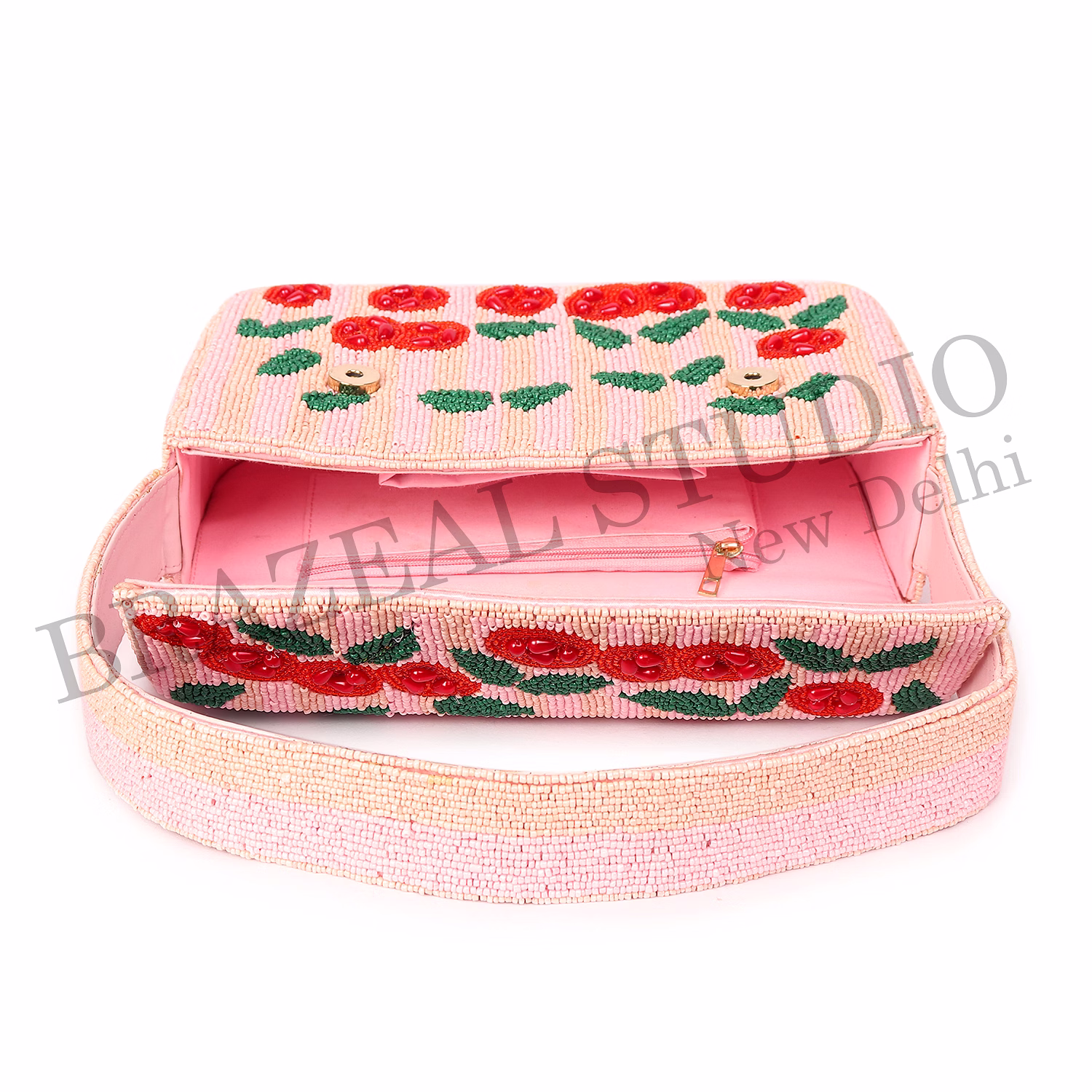 Brazeal Studio, Bag, Cherry / Floral Motif, Soft Pink With Red And Green Beadwork, Shoulder / Day-to-evening Bag, Fabric Base With Hand-applied Beads, Front Flap image 13
