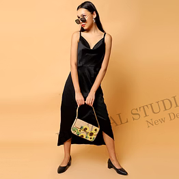brazeal studio, bag, sunflower / floral, beige base with yellow, green & brown beadwork, shoulder / day-to-evening bag, fabric base with hand-applied beads, front flap