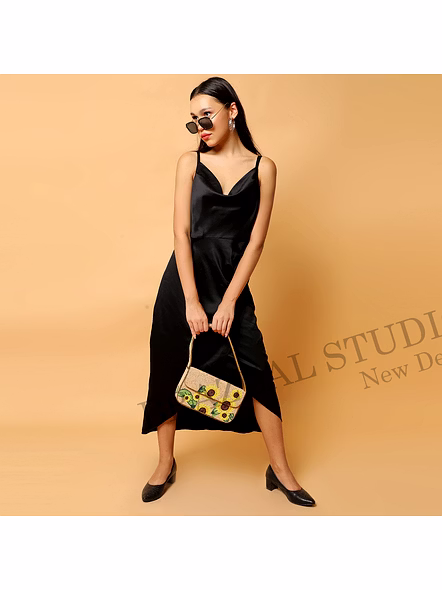 Brazeal Studio, Bag, Sunflower / Floral, Beige Base With Yellow, Green & Brown Beadwork, Shoulder / Day-to-evening Bag, Fabric Base With Hand-applied Beads, Front Flap