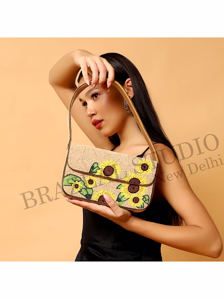 Brazeal Studio, Bag, Sunflower / Floral, Beige Base With Yellow, Green &amp; Brown Beadwork, Shoulder / Day-to-evening Bag, Fabric Base With Hand-applied Beads, Front Flap