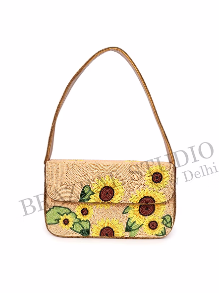 Brazeal Studio, Bag, Sunflower / Floral, Beige Base With Yellow, Green &amp; Brown Beadwork, Shoulder / Day-to-evening Bag, Fabric Base With Hand-applied Beads, Front Flap-6