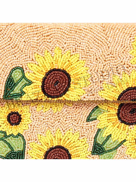 Brazeal Studio, Bag, Sunflower / Floral, Beige Base With Yellow, Green &amp; Brown Beadwork, Shoulder / Day-to-evening Bag, Fabric Base With Hand-applied Beads, Front Flap-7