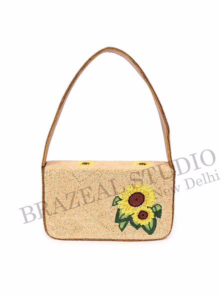 Brazeal Studio, Bag, Sunflower / Floral, Beige Base With Yellow, Green &amp; Brown Beadwork, Shoulder / Day-to-evening Bag, Fabric Base With Hand-applied Beads, Front Flap-9