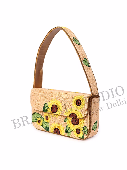 Brazeal Studio, Bag, Sunflower / Floral, Beige Base With Yellow, Green &amp; Brown Beadwork, Shoulder / Day-to-evening Bag, Fabric Base With Hand-applied Beads, Front Flap-10