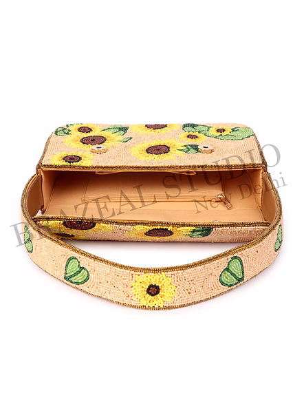 Brazeal Studio, Bag, Sunflower / Floral, Beige Base With Yellow, Green &amp; Brown Beadwork, Shoulder / Day-to-evening Bag, Fabric Base With Hand-applied Beads, Front Flap-12