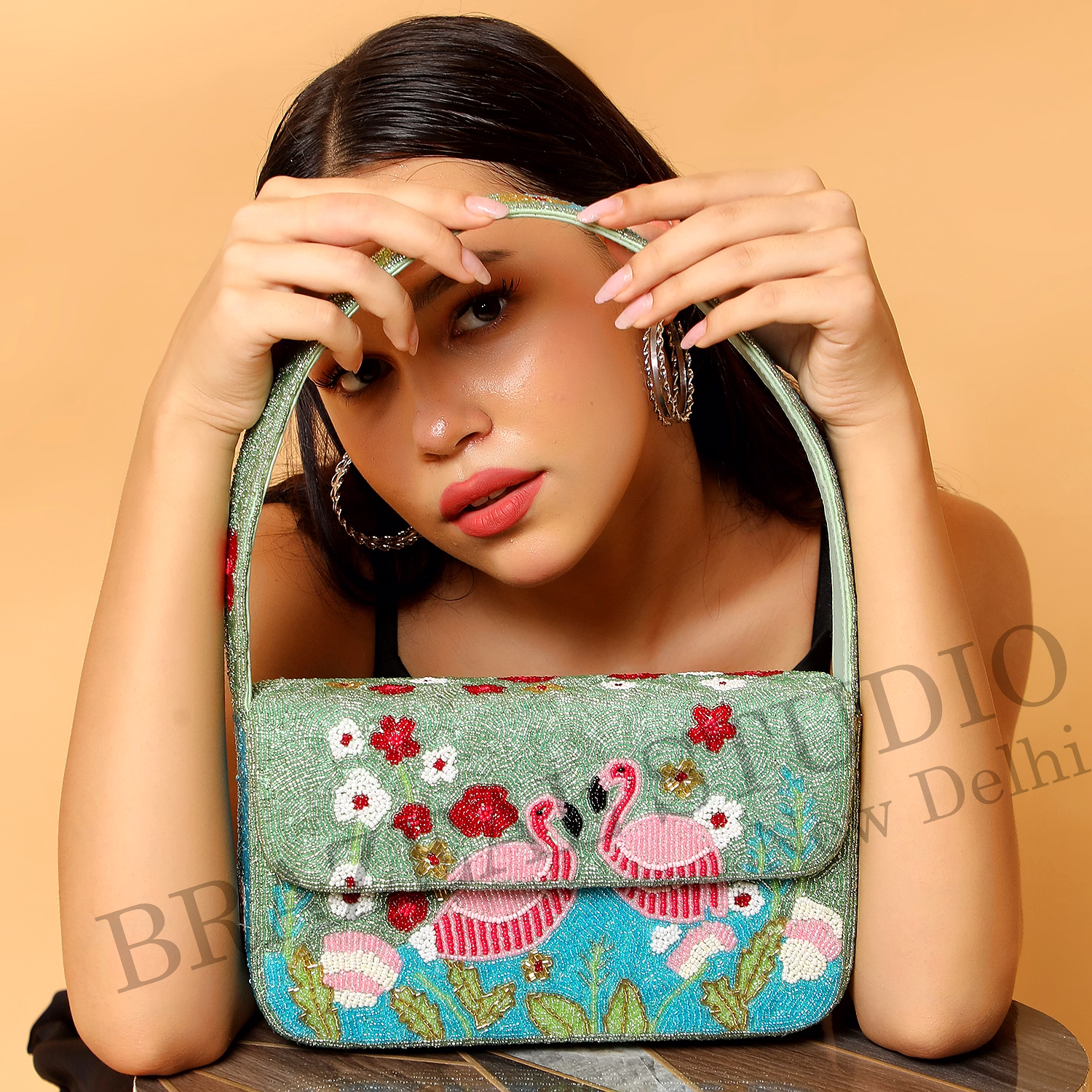brazeal studio, bag, flamingo / floral / nature, green base with pink, aqua, white & red beadwork, shoulder / day-to-evening bag, fabric base with hand-applied beads, front flap