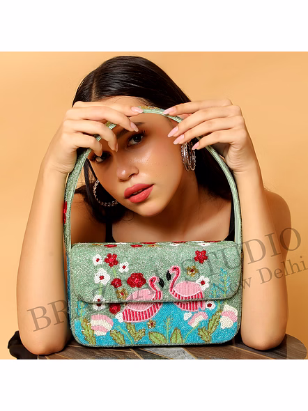 Brazeal Studio, Bag, Flamingo / Floral / Nature, Green Base With Pink, Aqua, White & Red Beadwork, Shoulder / Day-to-evening Bag, Fabric Base With Hand-applied Beads, Front Flap
