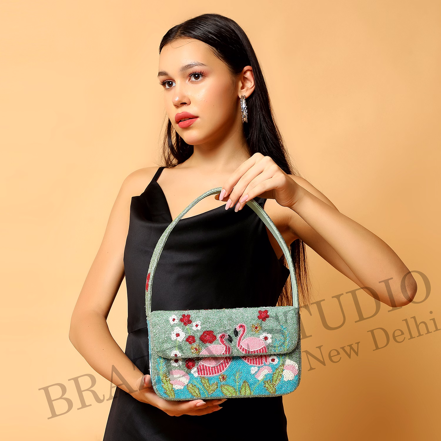 Brazeal Studio, Bag, Flamingo / Floral / Nature, Green Base With Pink, Aqua, White & Red Beadwork, Shoulder / Day-to-evening Bag, Fabric Base With Hand-applied Beads, Front Flap image 2