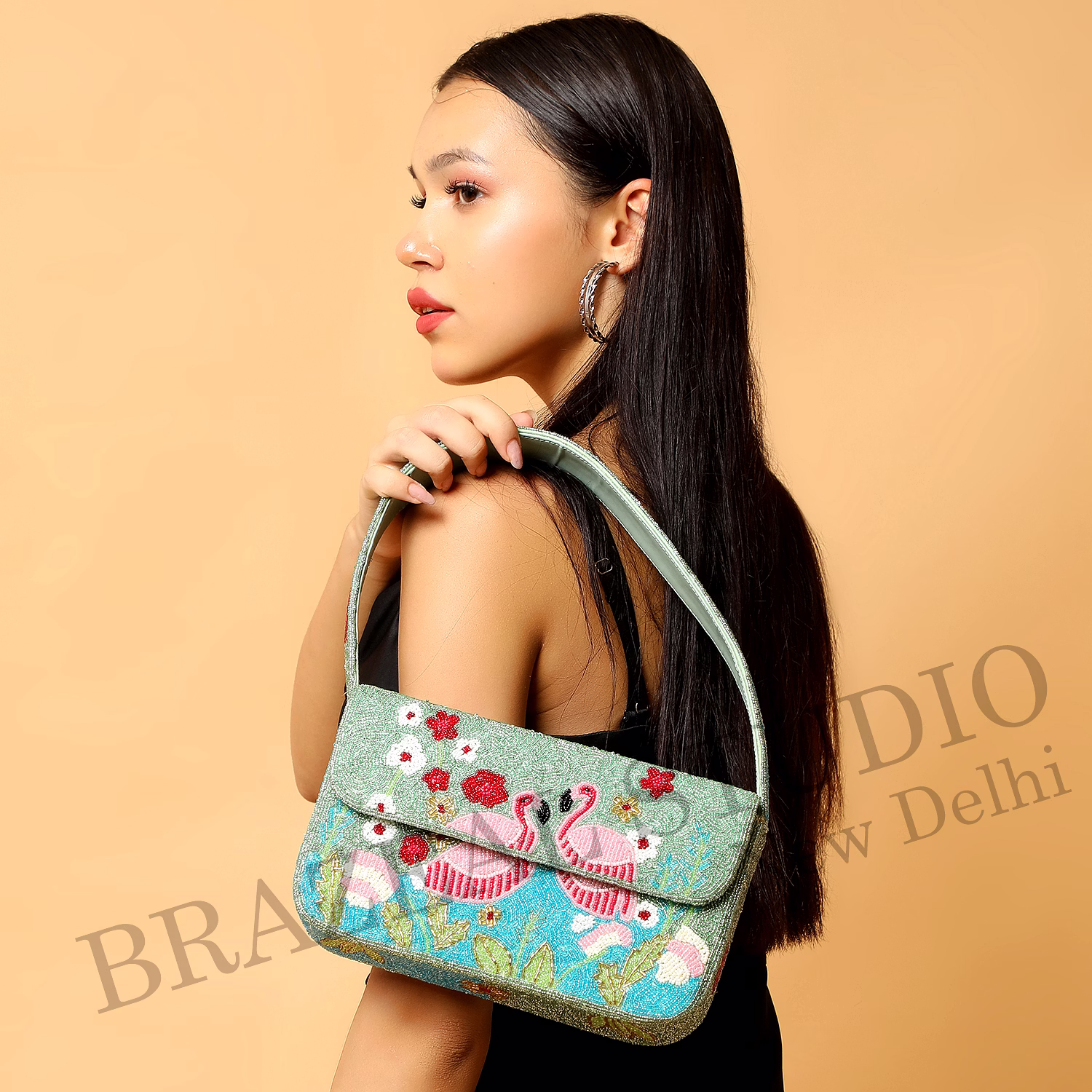 Brazeal Studio, Bag, Flamingo / Floral / Nature, Green Base With Pink, Aqua, White & Red Beadwork, Shoulder / Day-to-evening Bag, Fabric Base With Hand-applied Beads, Front Flap image 4