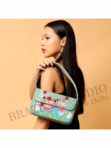 Brazeal Studio, Bag, Flamingo / Floral / Nature, Green Base With Pink, Aqua, White &amp; Red Beadwork, Shoulder / Day-to-evening Bag, Fabric Base With Hand-applied Beads, Front Flap-3